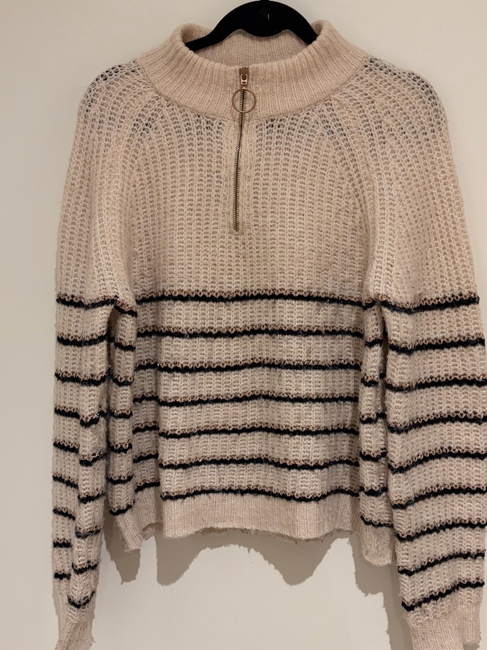 Striped Cream Half-Zip Turtleneck Sweater